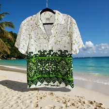 Malihini Hawaiian Shirt Vintage 70s Green Tribal AOP Loop Collar Tiki Tapa Print