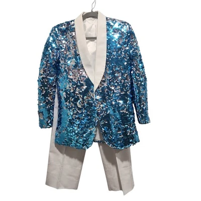 Jim’s Formal Wear Men’s Suit 38 Blue Sequin Tux Jacket & White Pants Stage - Image 1 of 4