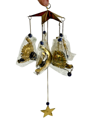 Celestial Decor Sun Moon Star Wind Chimes Gold Blue Bells Vintage Whimsical NOS