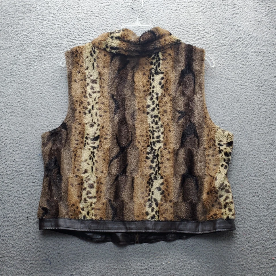 Multiples Fleece Vest Womens XL Brown Leopard Print Faux Leather Trim Full Zip - Image 2 of 4
