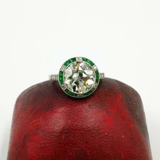 Art Deco Round Cut Lab Created Emerald Diamond Special Ring In 14K White Gold FN