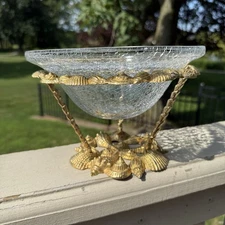 VTG 80s Brass Seashells Stand Crackled Glass Bowl Coastal Hollywood Regency 8.5”