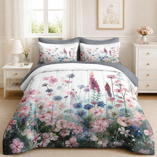 Twin Comforter Set with Sheets, 5 Pieces Pink Wildflowers Bedding Bed in a Bag