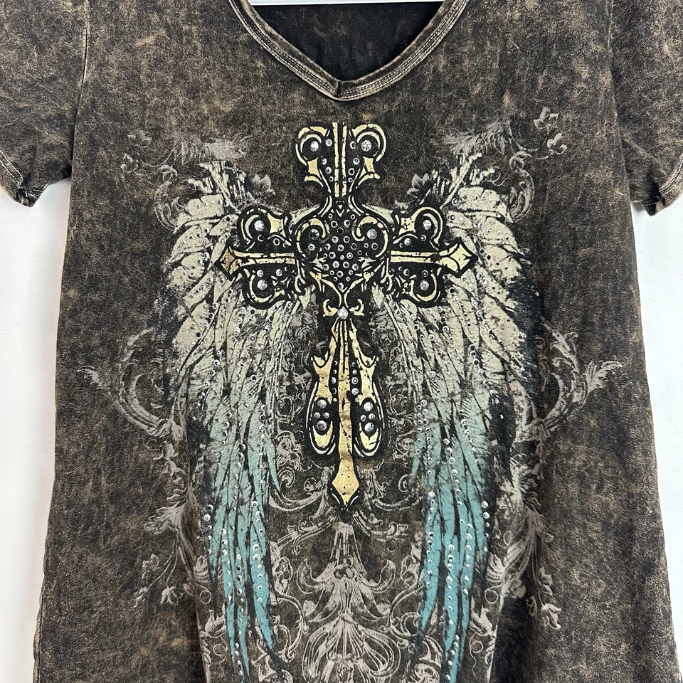 Camiseta De Colección Y2K Estilo Aflicción Para Mujer Cuello en V Alas Cruzadas Grunge Estrás Foto 3 de 4