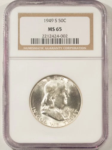 1949-S FRANKLIN HALF DOLLAR - NGC MS-65, BLAST WHITE GEM!