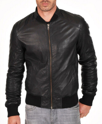 Mens Varsity Bomber Leather Jacket 100 % Real Soft Sheepskin Black Brown