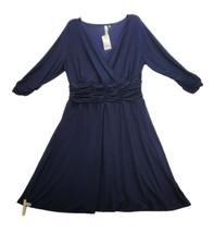 NY Collections dress size 1X Navy 3/4 Sleeve Rouched-Waist D125