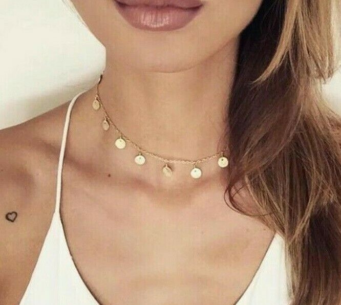 Damen Kette Choker Plättchen Anhänger Gold Modeschmuck Halskette