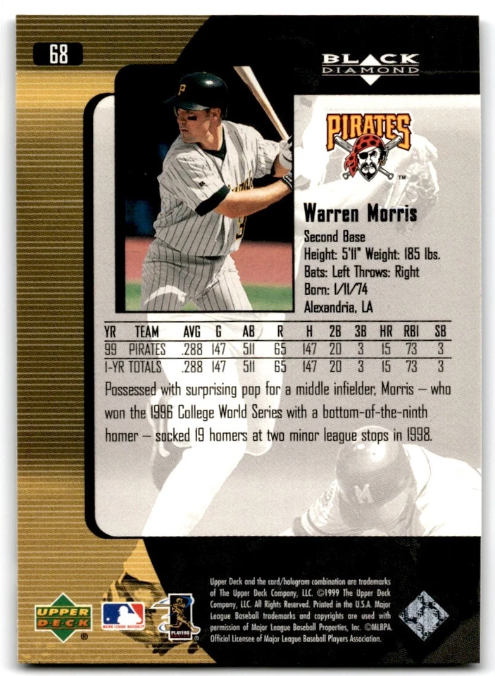 2000 Upper Deck Black Diamond Warren Morris Pittsburgh Pirates #68 - Image 2 of 2