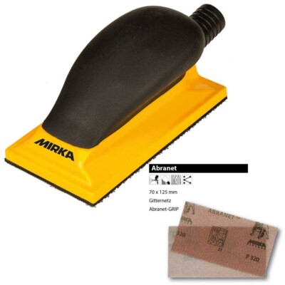 Mirka Hand Block 70 x 125mm 13 Hole Hook and Loop Yellow + 30x Abranet P80 P120 P180