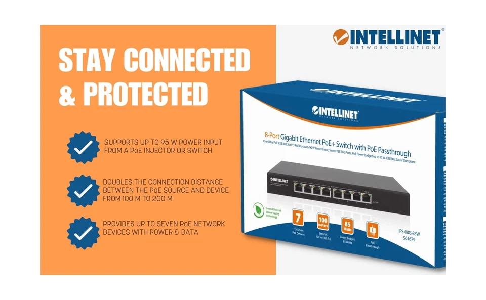 Intellinet 8-Port Gigabit Ethernet PoE+ Switch with PoE Passthrough - 85W PoE... - Image 3 of 4