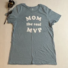 Women's Shirt Top Celebrate Mothers Day brand Blue Front Graphic Mom MVP Size L