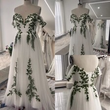 Elegant White Wedding Dress Spaghetti Straps Backless 3D Green Leaf Bridal Gowns