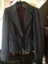 Luxury Grey Striped Therapy Wool Jacket Uk 8 Frill Smart Fitted