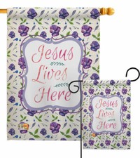 Jesus Lives Here Garden Flag Bible Verses Religious Decorative Yard House Banner