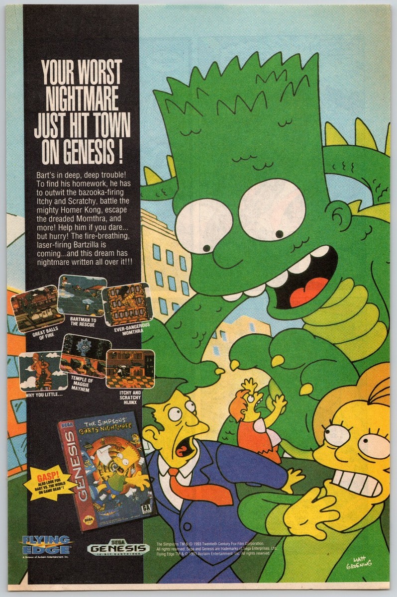 Simpsons Bart's Nightmare Print Ad Game Poster Art PROMO Original Sega  Genesis