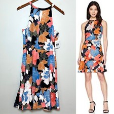 London Times NEW Floral Halter Ruffled Hem Dress Multicolor Tropical Sz 14 Large