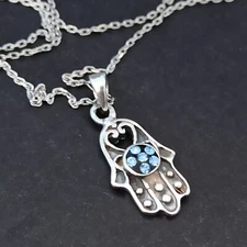 Silver Hamsa Necklace Blue Hand of Fatima Ethnic Evil Eye Protector Sterling 925