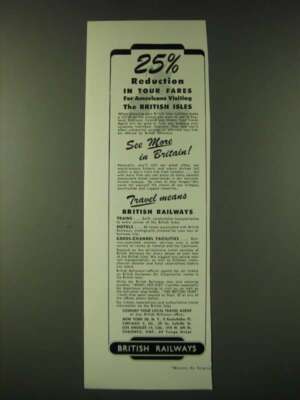 1948 British Railways Ad - 25% reduction in your fares for Americans visiting