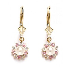 Women/Children's Stylish 14K Solid YG Genuine White Pearl Dangle Earrings