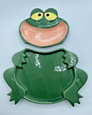 Vintage Frog Shaped Green Ceramic Chips and Dip Platter