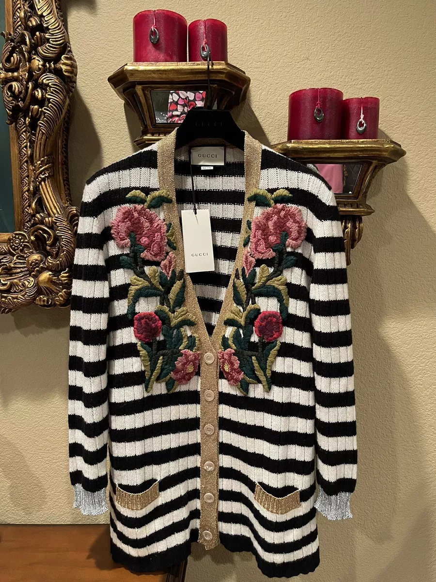 100% Authentic GUCCI Embroidery Floral Striped Cardigan Sweater Size: XS