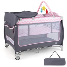 Costway 4 in 1 Baby Playard Portable Infant Nursery Center w/ Zippered Door Pink