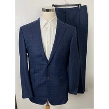 Men Hickey-Freeman navy plaid 2-button 2-piece pleated pants blazer suit, 42R