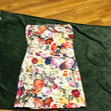 Multicoloured Floral Satin Ruched Strapless Bodycon Mini Dress Size M