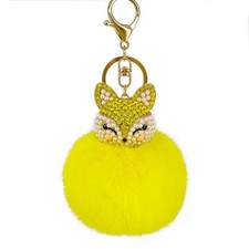 Yellow Rhinestone Fox Fluffy Pom-Pom Keychain. H-6.4 W-3 . New. Disc Shipping