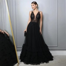 Evening Dresses Net Beading V Neck Prom Gown Embroidery Tiered Party Dress