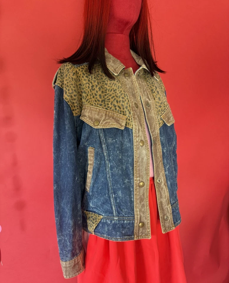 Vintage 80s NYG Acid Wash Denim Jacket | Leopard Print Western Yoke | Brass Snap - Image 1 of 4