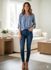 NWT Hope & Harlow Blue Tonal  Paisley Split V-Neck 3/4 Sleeve Top, 1X