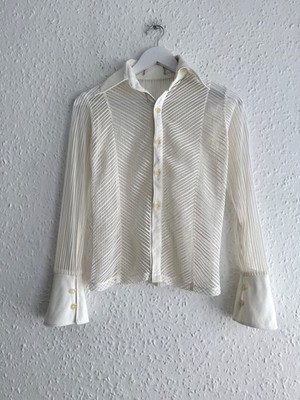 Vintage Y2K 90s Style Off White Sheer Pleated Chevron Mesh Blouse - 8uk