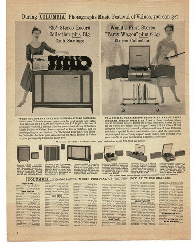 1961 Columbia Phonographs Vintage Print Ad MCM Stereo Console Party Wagon