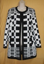 Kelly Diane Women Black Ivory Ecru Check Thigh Open Coat Lined Top Jacket 8 $178