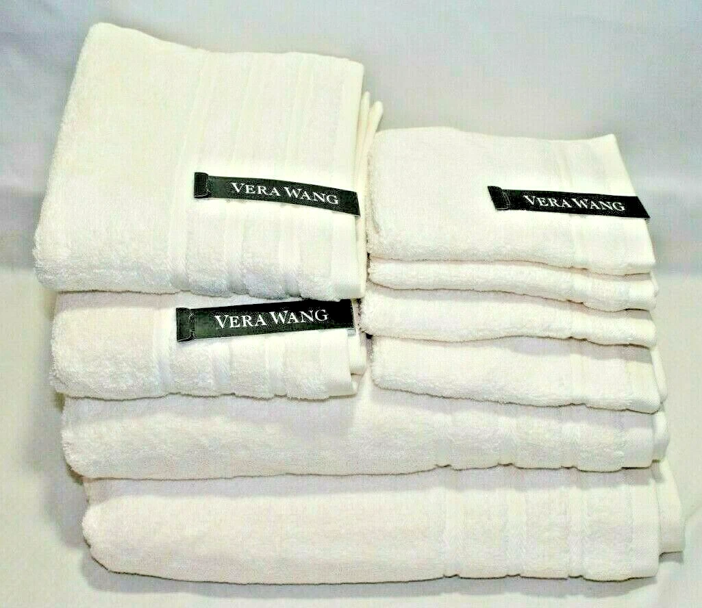 Vera Wang Twill Stripe Solid Ivory Light Beige Eight Piece Bath Towel Set  New