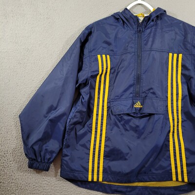 Adidas Jacket Boys Medium Blue Yellow Striped Pullover Windbreaker