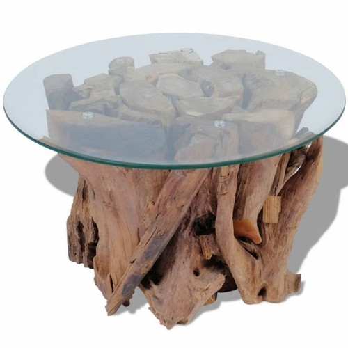 Retro Style Glass Coffee Table Wooden Teak Living Room Furniture Round Clear Top - Picture 5 of 9