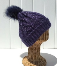 New Winter Warm Faux Fur Pom Trendy Knit Beanie Hat Plush Lining Soft Navy D