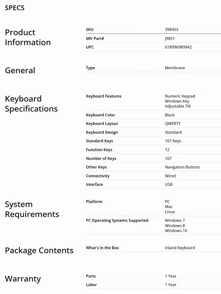 INLAND KEYBOARD iK100 USB 107-KEY WIRED KEYBOARD SILENT BY GENESIS POWER PC NEW - Image 4 of 4