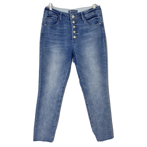 Democracy size 6P Ab Tech High Rise Stretch Denim Button Fly Blue Jeans Raw Hem | eBay