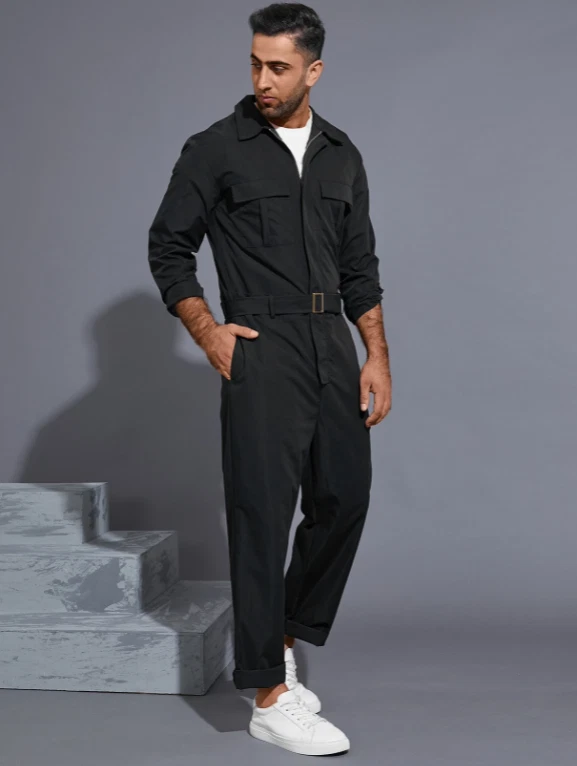 Yoins Men Casual Fashion Long Sleeved Belted Zip Up Jumpsuit - Black | eBay