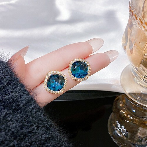 Women 925 Sterling Silver Earrings Studs Retro Blue Crystal French Style 0082 - Picture 2 of 5