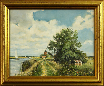 Öl auf Karton von Margaret Colman. Titel ''The Bure - near Upton Dyke''