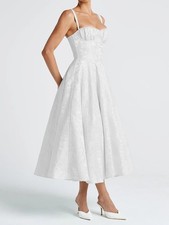 White Lace Corset Midi Bridal Dress Spaghetti Strap Tea Length Wedding Gown