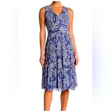 Tahari Arthur S Levine Dress Small Paisley Tiered Sleeveless Midi Casual Blue