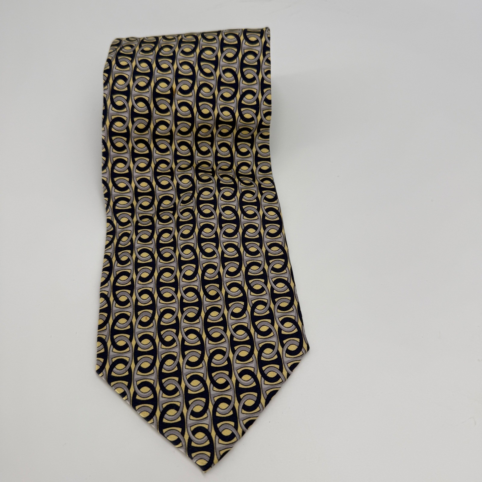 Paolo Gucci Mens Silk Necktie Yellow Black Silver Geometric Chain Link Pattern