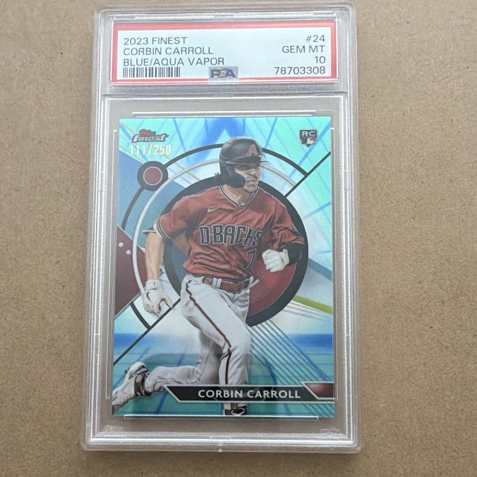 Topps Finest 2023 Corbin Carroll #24 RC Blue/Aqua Vapor 111/250 PSA 10