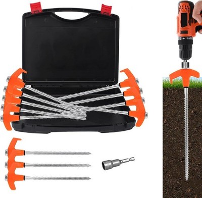 8'' Tent Stakes Heavy Duty 12 Pack, Screw in Tent Stakes, Metal Threaded Campi...
